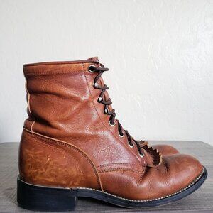 Justin Leather Lace Up Western Cowgirl Roper Boots Brown Junior 4D Women's 5.5-6